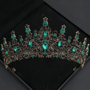 Wicked Silk Prom, Quinceanera Jeweled Crown Tiara Headband - Black Green